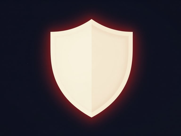 Abstract digital shield icon, subtle red glow, dark background, elegant editorial photography, warning connotation.