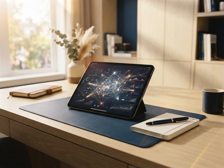 Elegant editorial photography of a modern workspace, soft natural daylight, warm ivory tones, subtle golden light leaks, a premium tablet displaying clean data connections, 35mm lens