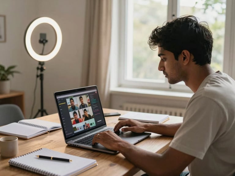 Wide shot of a young Indian content creator reviewing reel footage on a laptop, engagement numbers visible on the screen, warm daylight from a window to the right, notebooks and a ring light in the background — behind-the-scenes energy, not a posed portrait