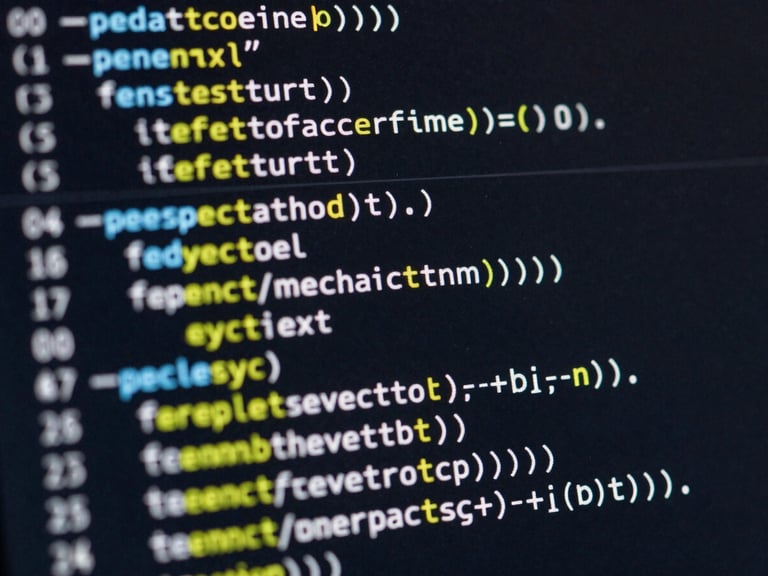 Macro shot of high-contrast syntax-highlighted code on a dark screen, cool screen-glow highlights, sharp focus on system logic.
