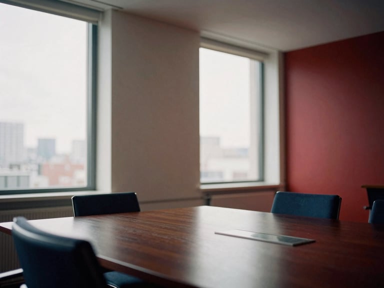 Quiet boardroom, empty, soft natural light, view of a city skyline through large windows, minimalist Scandinavian interior.