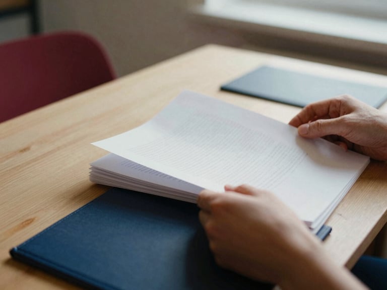Close-up of hands reviewing physical documents on a minimalist wooden desk, soft natural light, deep navy accents, focus on texture of paper.