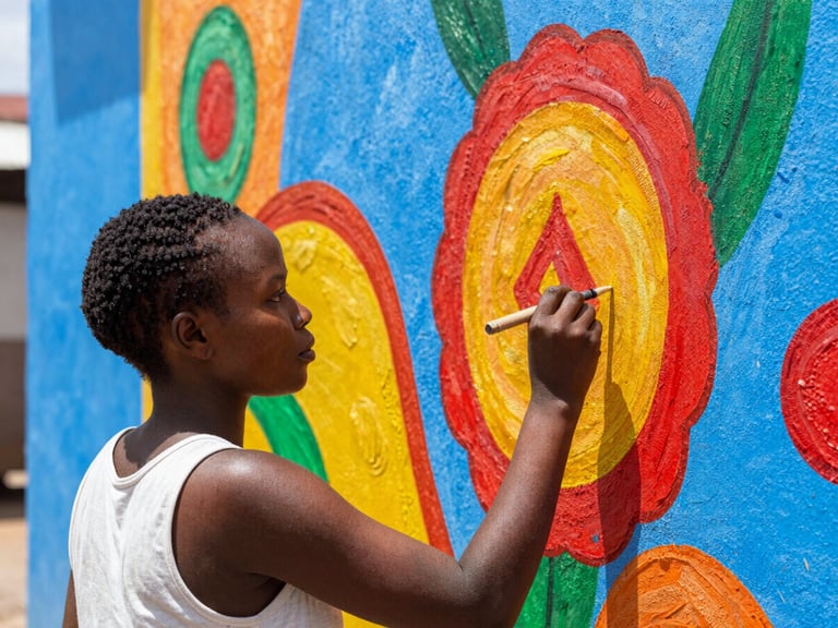 Close-up of a young Senegalese woman painting a vibrant mural, rich saturated colors, daylight, 35mm lens, documentary style.