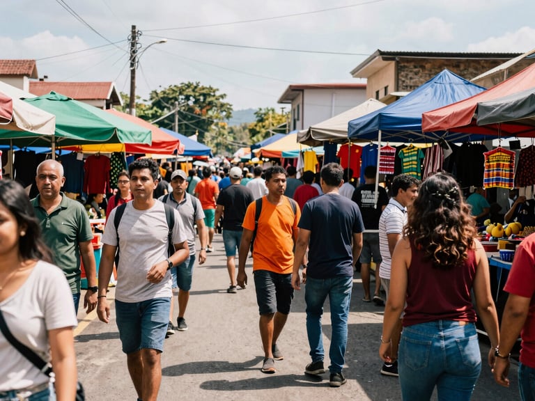 Dynamic wide shot of a bustling local street market during the festival, vibrant colors, energetic crowd, natural lighting, 35mm lens.