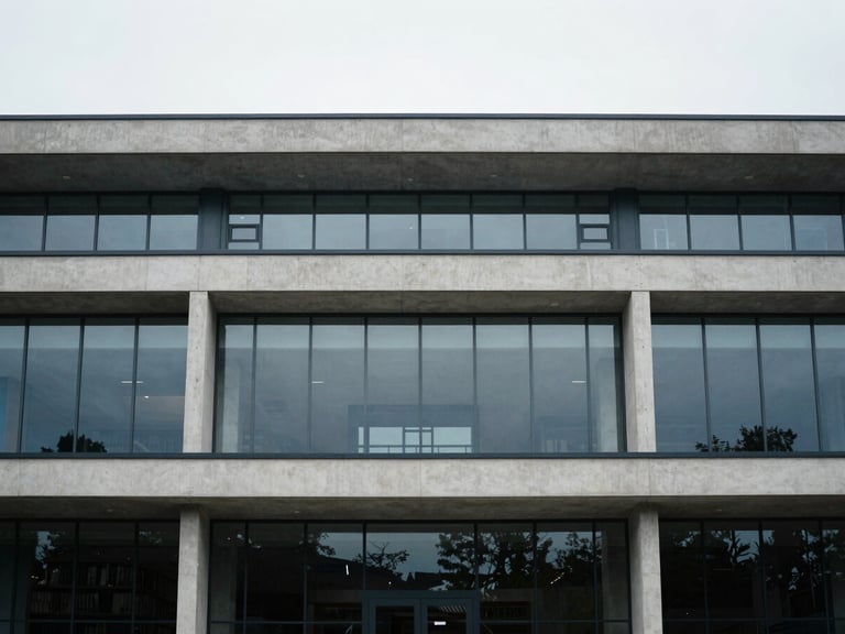 Modern public library or civic building with clean concrete and glass facade, overcast daylight, desaturated cool tones, 35mm