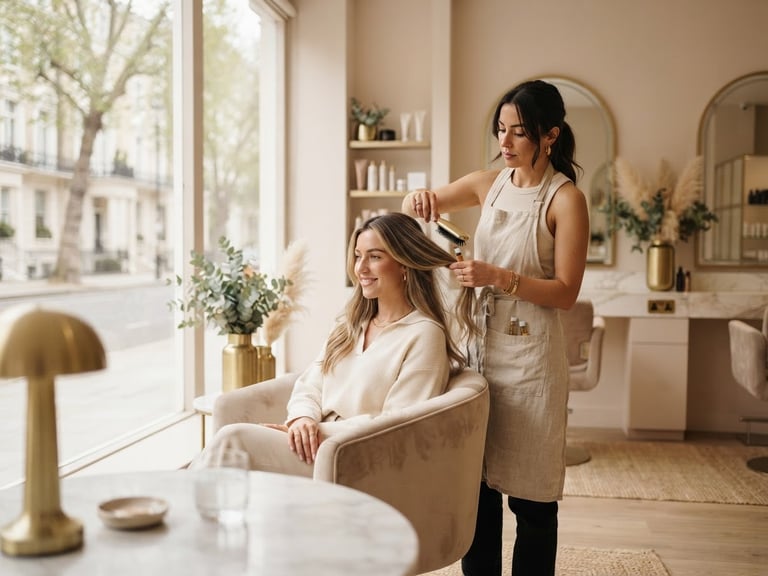 Warm editorial photography of a bright, sophisticated salon interior with soft natural window light, elegant nude and gold tones, shallow depth of field.