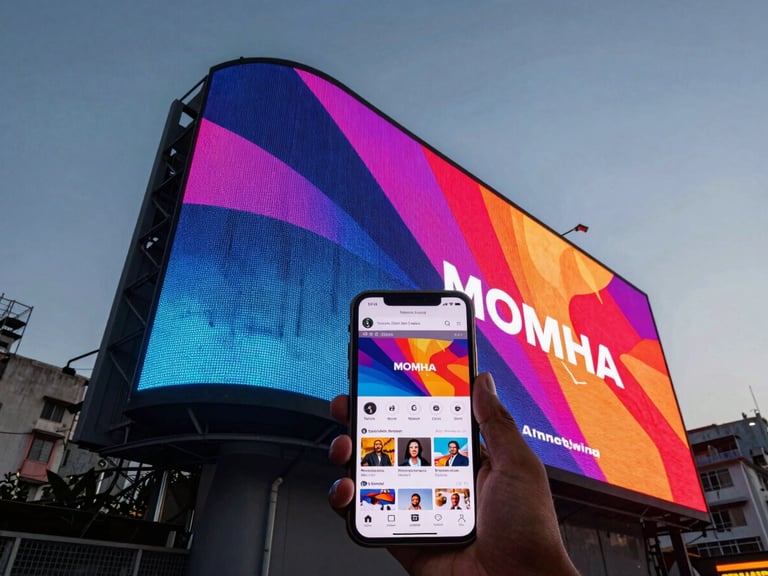 Low-angle heroic perspective of a massive digital billboard in Mumbai at dusk, with a smartphone in the foreground showing a matching social media ad feed, high-contrast urban neon.