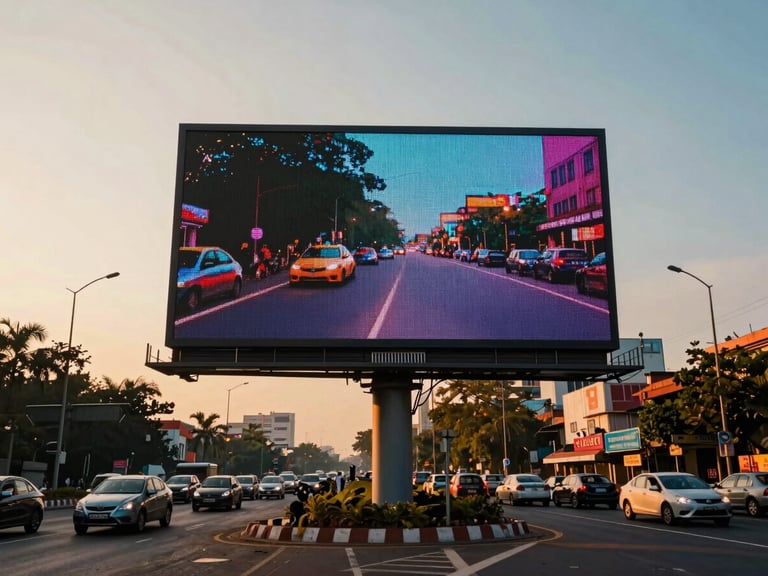 Low-angle heroic perspective of a massive digital billboard at a bustling highway intersection in Mumbai during golden hour, rich saturated tones.