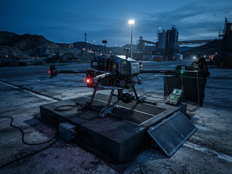 Wide-angle technical shot of an industrial drone on a launchpad under cool blue and slate twilight, high contrast, sharp highlights, cinematic tactical photography