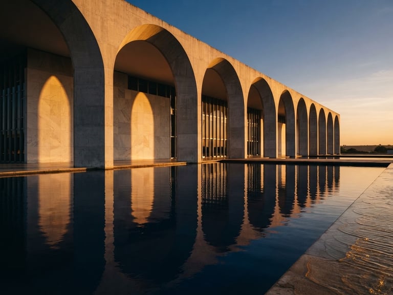 Wide-angle architectural photograph of the Itamaraty Palace arches in Brasília, dramatic golden hour shadows, deep navy reflections on polished concrete, wide-angle lens, clean minimalist composition