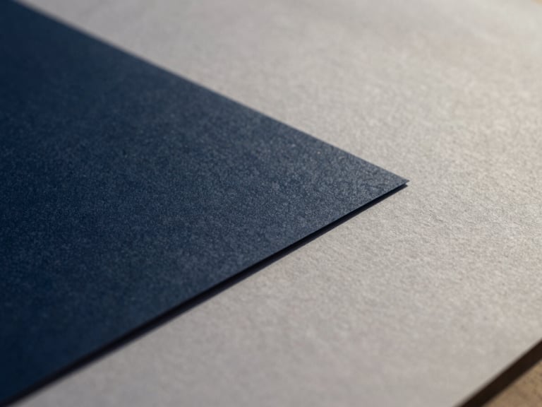 Macro shot of a structured contract document on heavy textured paper, sharp architectural shadows, cool overcast daylight, desaturated navy and warm alabaster tones, 35mm