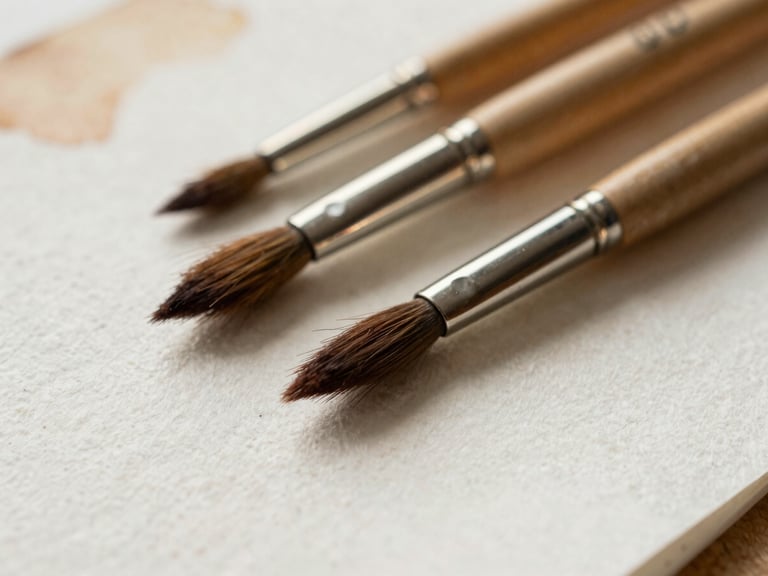 Macro photograph of watercolor brushes resting on heavily textured cotton paper, soft natural side-light, rich earthy pigments, shallow depth of field