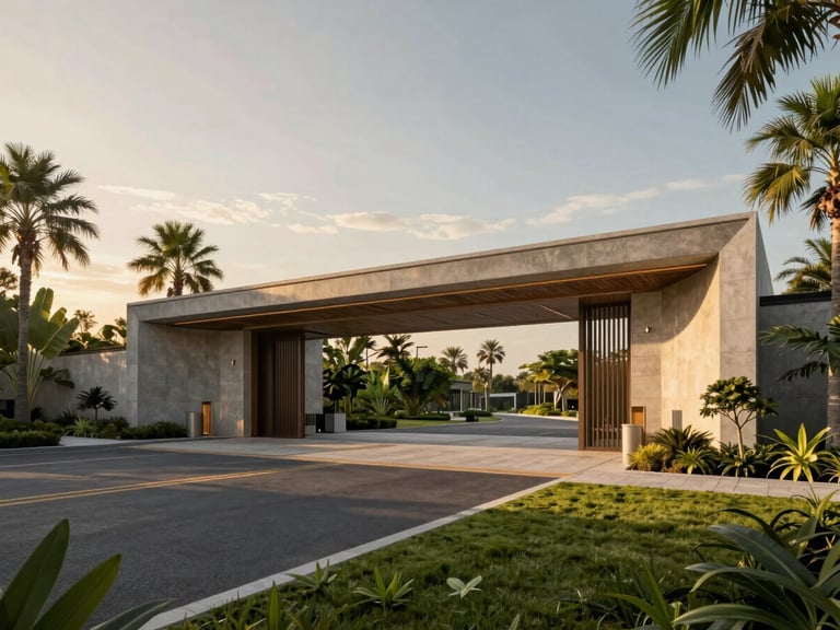 Wide cinematic architectural render of a monumental modern gated community entrance portal, dramatic golden hour lighting, clean geometric concrete structures, lush tropical landscaping.
