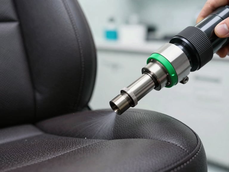 Close-up of a high-precision steam extractor nozzle cleaning a dark leather car seat in a bright clinical workshop with green details.