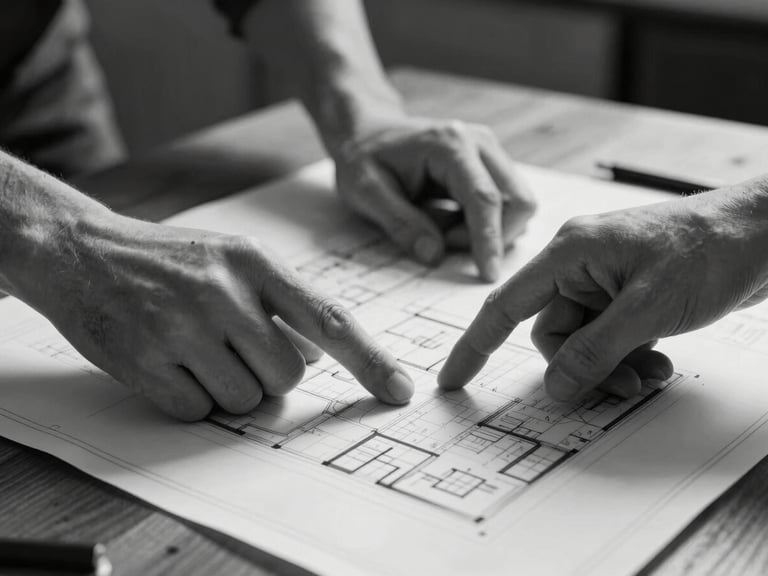 Candid close-up of hands pointing at a printed architectural blueprint on a wooden table, hard directional light, deep shadows, black and white