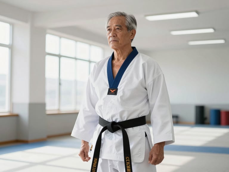 A professional portrait of a senior Taekwondo master in a pristine white dobok standing in a bright, daylight-flooded modern dojang, sharp focus, 50mm