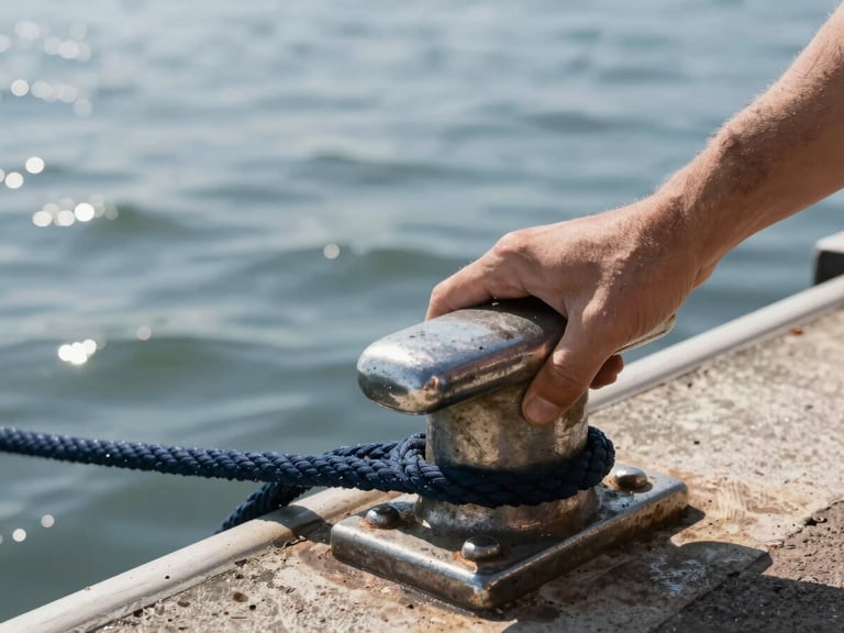 Tactile close-up of a hand securing a thick navy dock line to a polished metal cleat on a sunny day, sparkling river water in the background