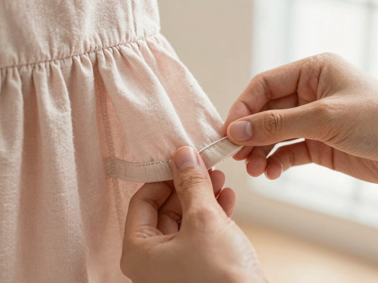 Macro shot of hands carefully stitching the hem of a miniature linen dress, neutral thread, warm beige background, soft focus
