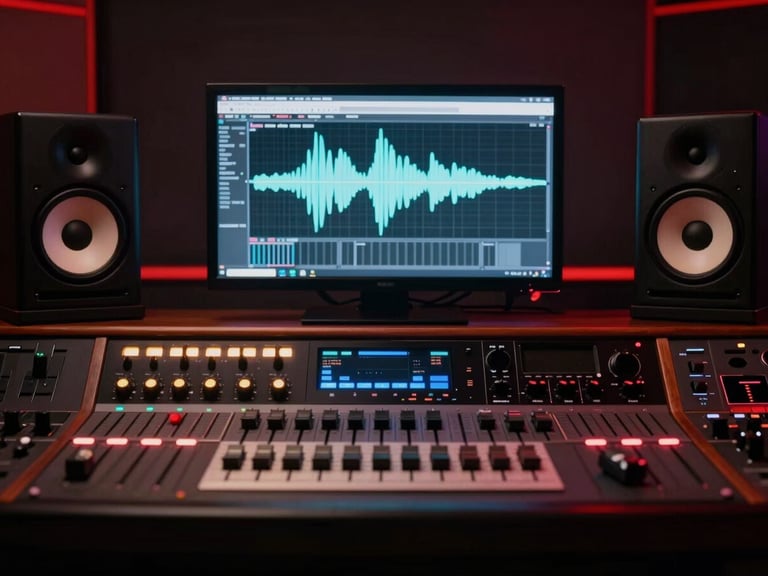 Computer screen displaying a mastering suite with a waveform, surrounded by studio monitors and a glowing audio interface, cinematic.