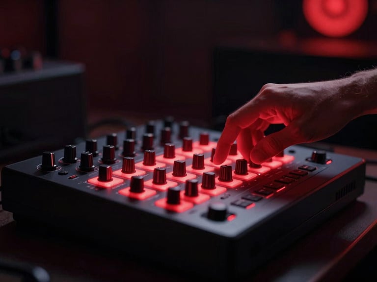 Hands on an MPC drum machine or MIDI controller, illuminated by a red backlight, focused on rhythm creation, cinematic studio photography.