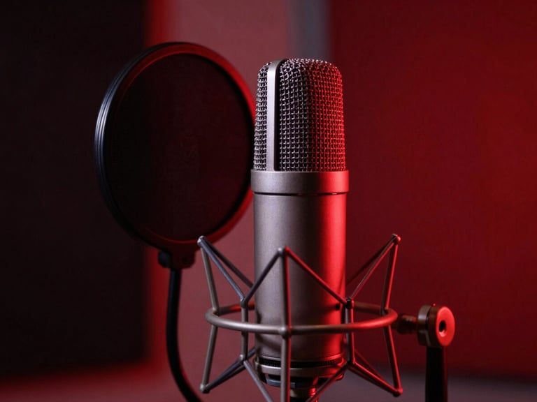 Close-up of a high-end condenser microphone in a vocal booth with moody crimson backlighting.