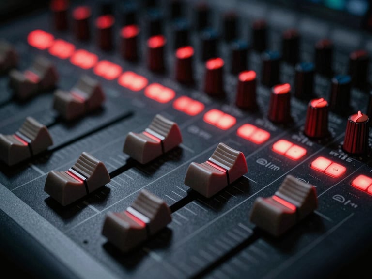 Macro shot of an analog mixing console's faders and knobs, glowing crimson LEDs, shallow depth of field, moody studio lighting.