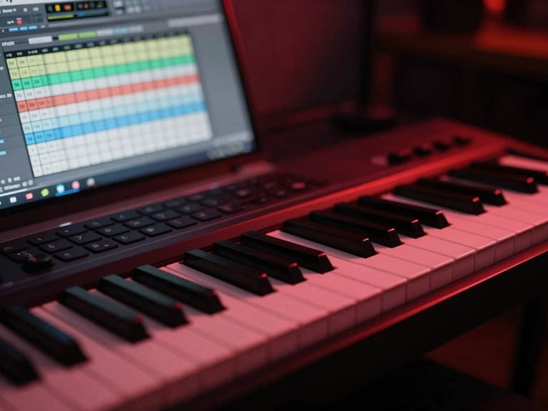 Close-up of a MIDI keyboard with a laptop screen displaying a piano roll in FL Studio, moody low-key lighting, crimson glow.
