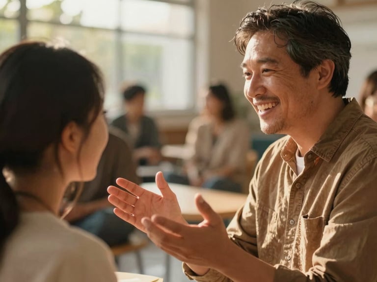 Close-up of a mentor and mentee engaged in a conversation, smiling, hands gesturing, in a bright, open community space, warm editorial photography, natural golden-hour light.