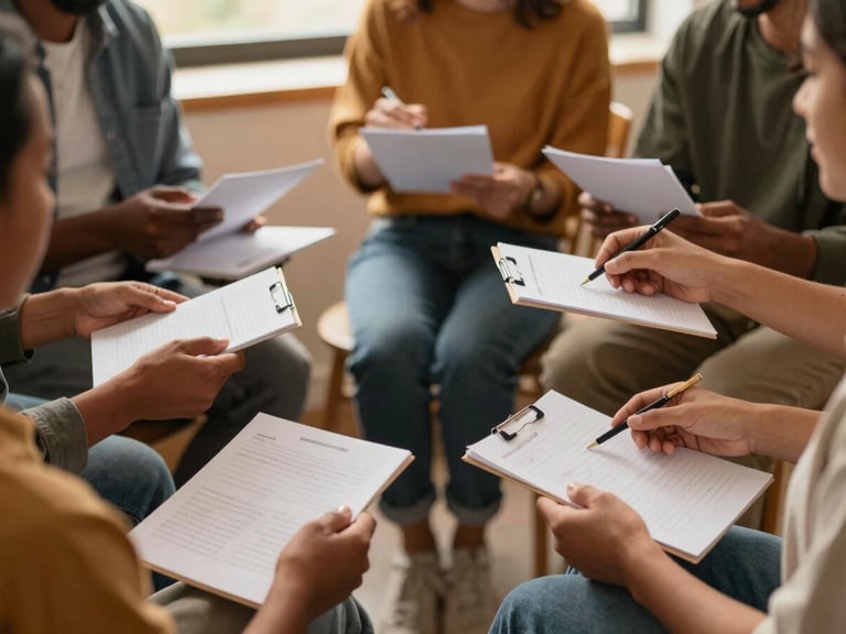 Medium shot of diverse hands exchanging notes and ideas during a collaborative planning session in a community center, warm editorial photography, natural diffused indoor daylight.