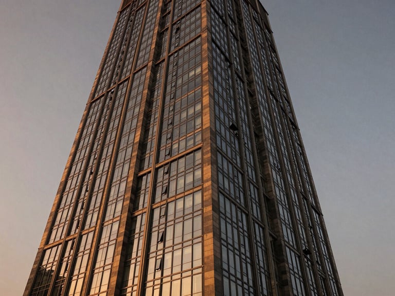 Wide-angle architectural elevation of a modern commercial glass tower in Gurugram, twilight lighting, sharp structural details, premium real estate
