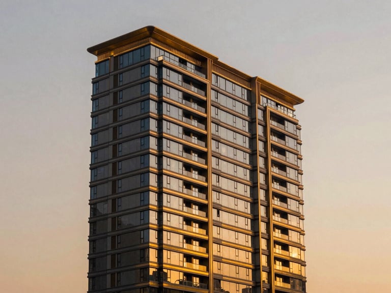 Twilight architectural elevation of a super-luxury high-rise residential tower on Golf Course Road, warm golden lights reflecting off glass facades, clean structural lines.