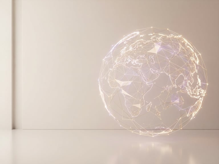 Minimalist 3D render of an abstract global network, interconnected geometric lines and subtle glowing nodes, soft warm studio light, ivory and violet tones, clean architectural composition, ultra-premium, expansive negative space to the left.