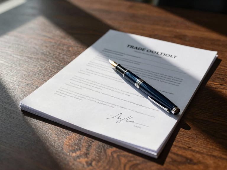 Close-up of signed trade documents and a fountain pen on a dark wooden boardroom table, high-contrast shadows, natural window light, professional editorial, 35mm.