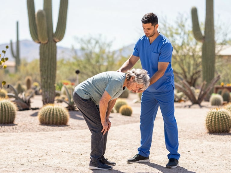 Professional physical therapist demonstrating a safe bending technique to a senior client in a sunlit desert garden, saguaro cacti in background, natural Arizona sunlight, medium shot.