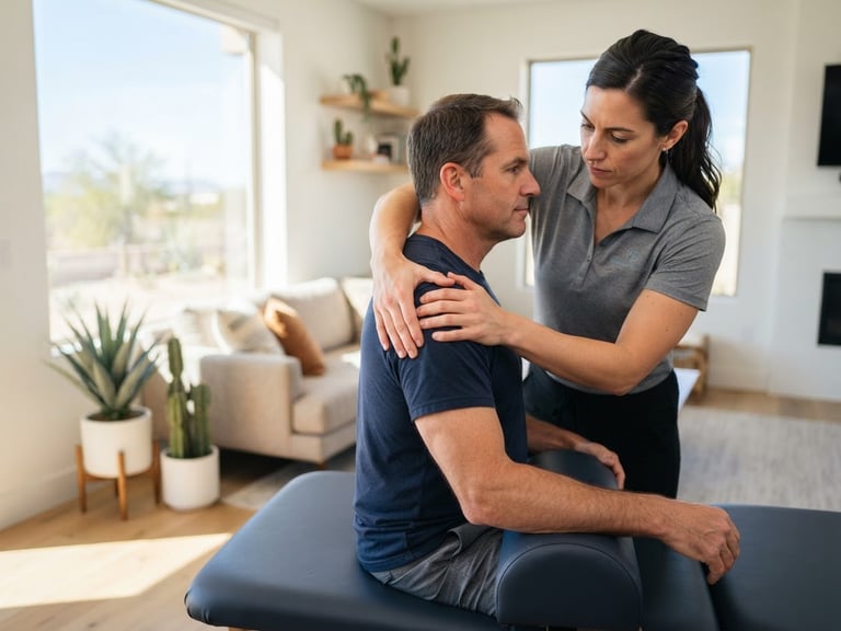 Professional physical therapist performing joint mobilization with a client in a bright, modern living room, natural Arizona sunlight streaming in, shallow depth of field.