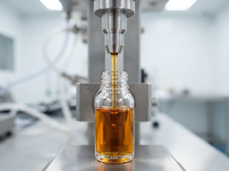Macro shot of a stainless steel compounding nozzle dispensing a thick amber cosmetic liquid into a clear glass bottle, bright clinical studio lighting, sharp focus