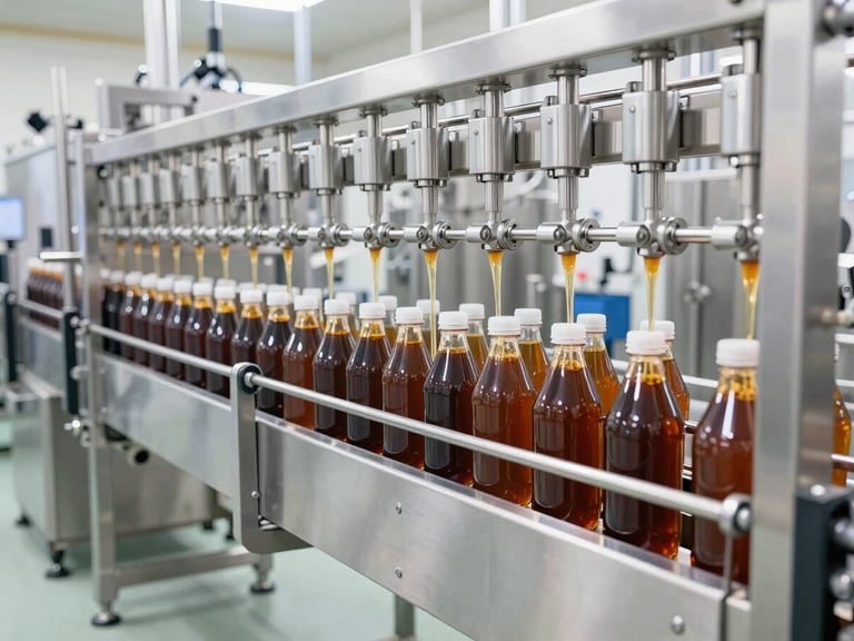 Wide shot of a clean automated bottling line in a Tulsa manufacturing facility, stainless steel machinery, amber liquids being filled into bottles under bright clinical light.