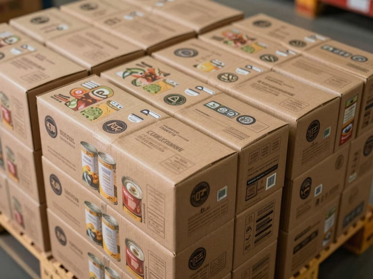 Close-up overhead shot of stacked product cartons on a warehouse pallet — rows of uniform brown and branded boxes of canned goods and beverage cases aligned tightly, shot under bright utilitarian fluorescent lighting with hard shadows emphasizing volume and order, no people