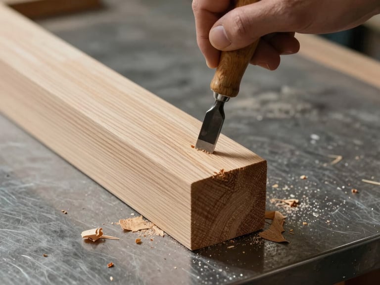 Close-up of hands using a traditional chisel to carve a clean joint in a light oak beam, fine wood shavings on the dark steel workbench, soft side light highlighting the wood grain.