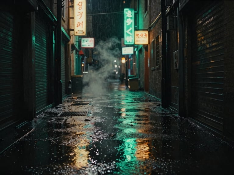Cinematic wide shot of a rain-slicked alleyway at night, neon green and amber signs reflecting in deep puddles, steam rising from a grate.