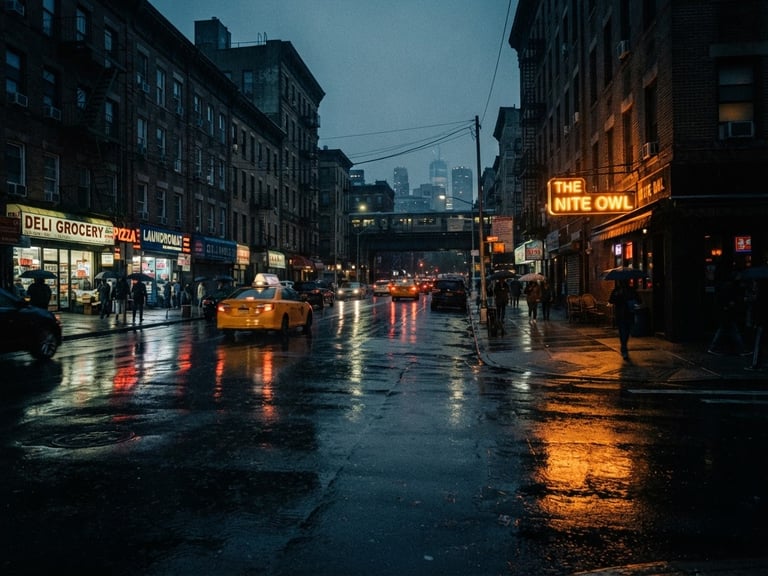 Cinematic wide shot of rain-slicked Brooklyn street at night, neon amber sign reflection in wet asphalt, heavy analog film grain, 35mm anamorphic