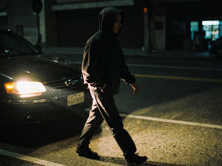 Candid motion portrait of a subject in a dark streetwear hoodie walking briskly under harsh yellow headlights, heavy film grain, dark shadows.