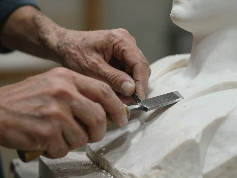 Close-up portrait of a sculptor's hands using a traditional steel chisel on raw white marble, fine stone dust visible under directional warm workshop lighting
