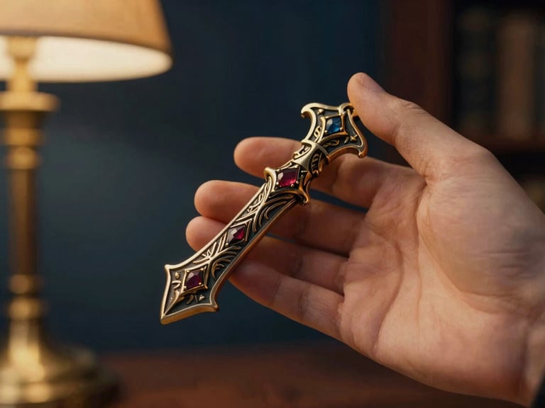 Detailed close-up of a hand holding an intricately crafted fantasy replica artifact, possibly a small metal sculpture or a jeweled hilt, warm golden-hour light, shallow depth of field, deep blue and gold tones.