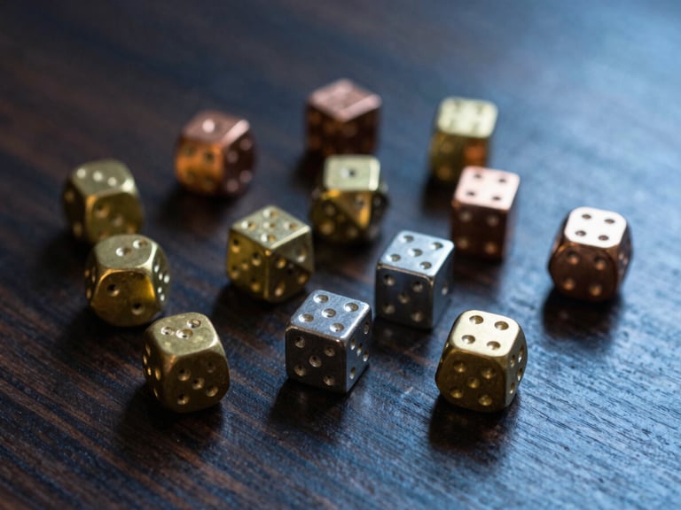 Macro shot of a set of heavy metal dice (brass, copper, steel) scattered on a dark oak gaming table, shallow depth of field, warm side-lighting, deep blue and gold tones.