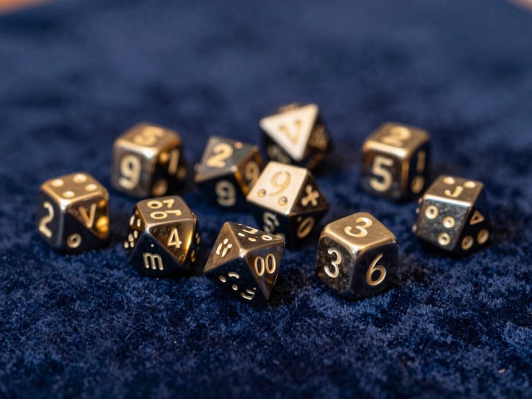 A selection of custom-forged metal dice, highly detailed, resting on a velvet cloth, with a soft glow reflecting off their surfaces, deep blue and gold tones, shallow depth of field.