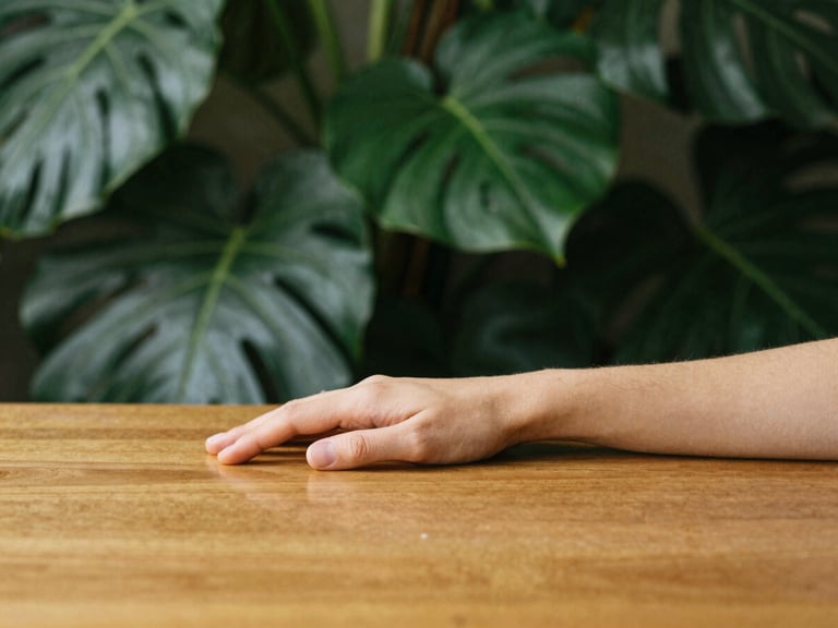 A single hand resting gently on a polished wooden surface, surrounded by a subtle glow of light, serene interior, deep botanical greens and gold tones, shallow depth of field, 35mm.
