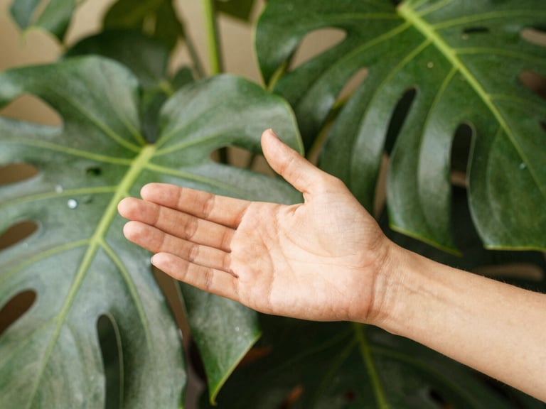 Close-up of hands in a gentle Reiki position, diffused natural daylight filtering through lush green Monstera leaves, warm editorial photography, shallow depth of field, 35mm