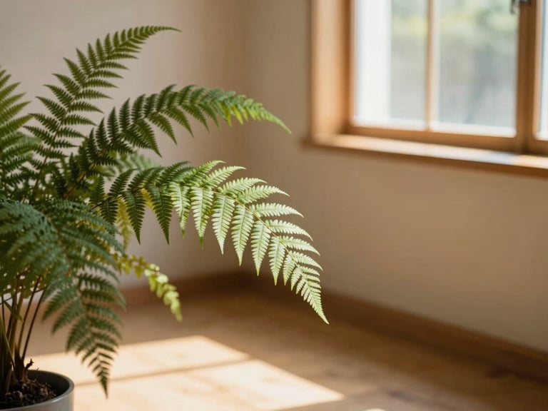 A serene training room with natural wood and linen, sunlight streaming through a window, a single fern plant in the foreground, warm editorial photography, shallow depth of field, 35mm