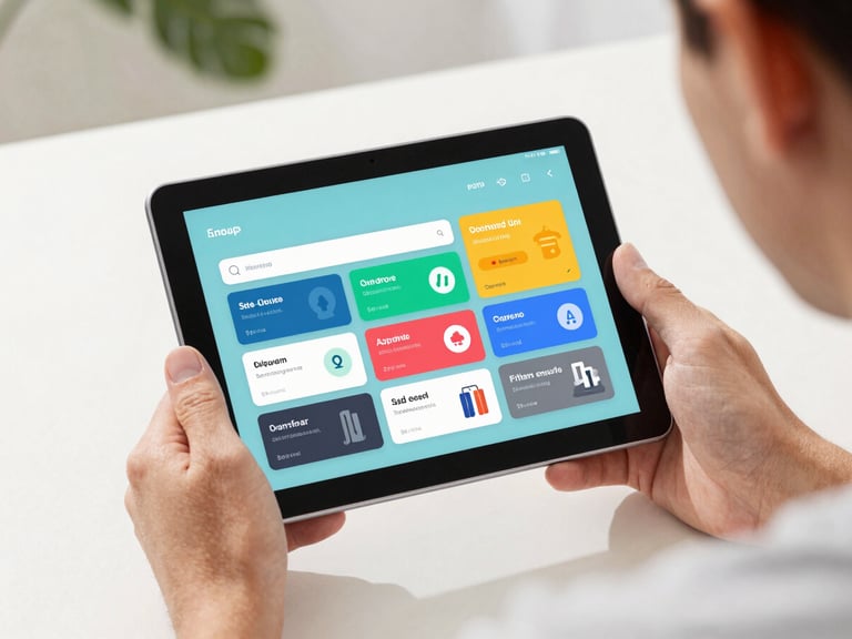 Clean over-the-shoulder view of a developer testing an app interface on an Android tablet, bright natural daylight, crisp device mockup, shallow depth of field